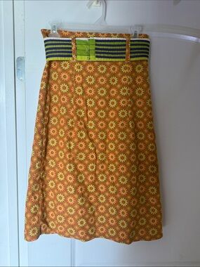 Vintage Orange Patterned High Waisted A-Line Skirt with Green and Purple Belt